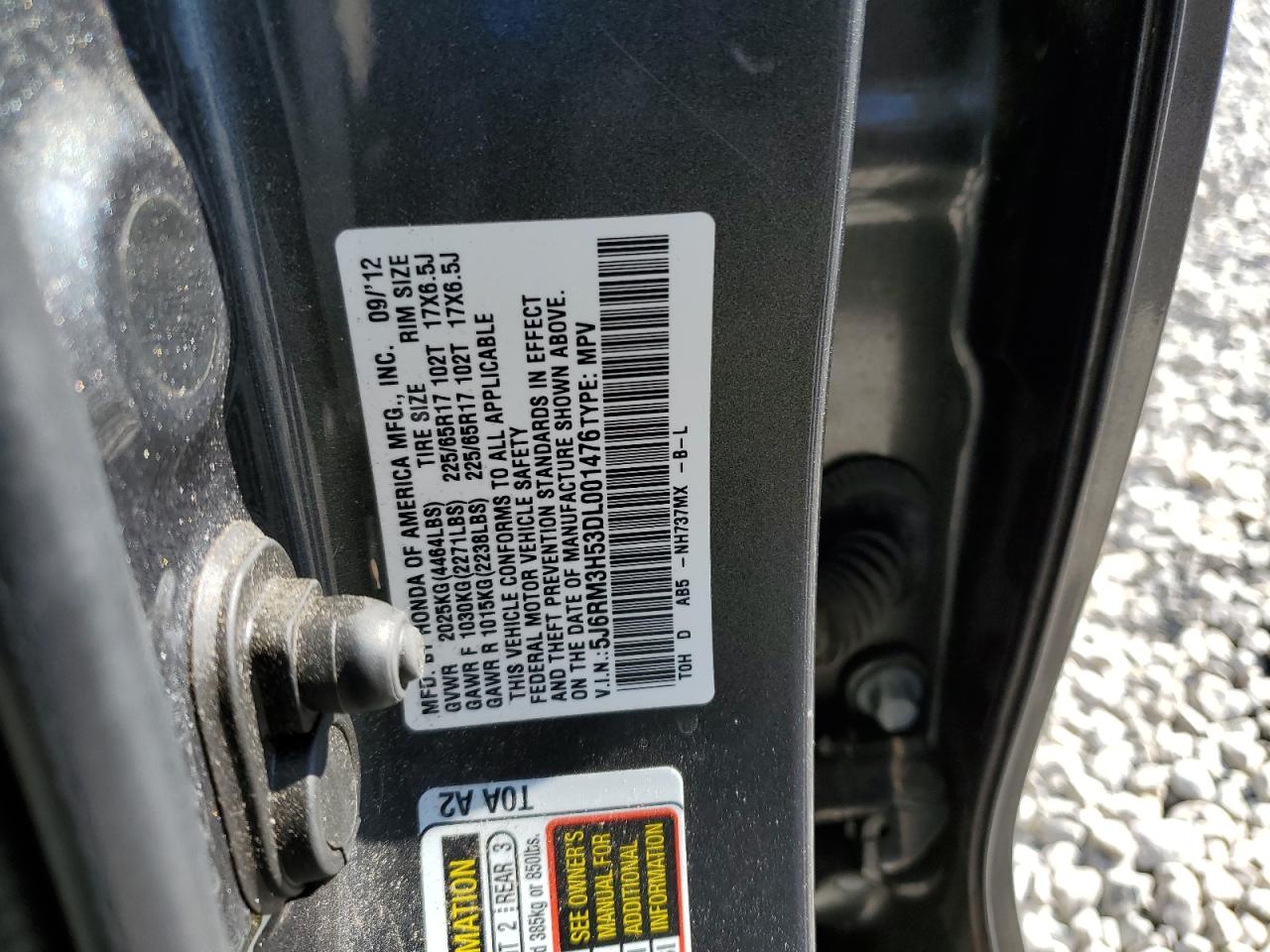 2013 Honda Cr-V Ex VIN: 5J6RM3H53DL001476 Lot: 91351315