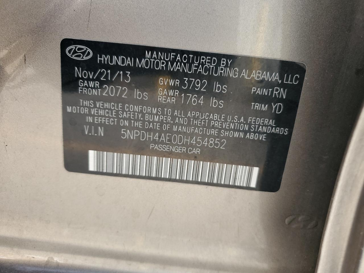 2013 Hyundai Elantra Gls VIN: 5NPDH4AE0DH454852 Lot: 93553455