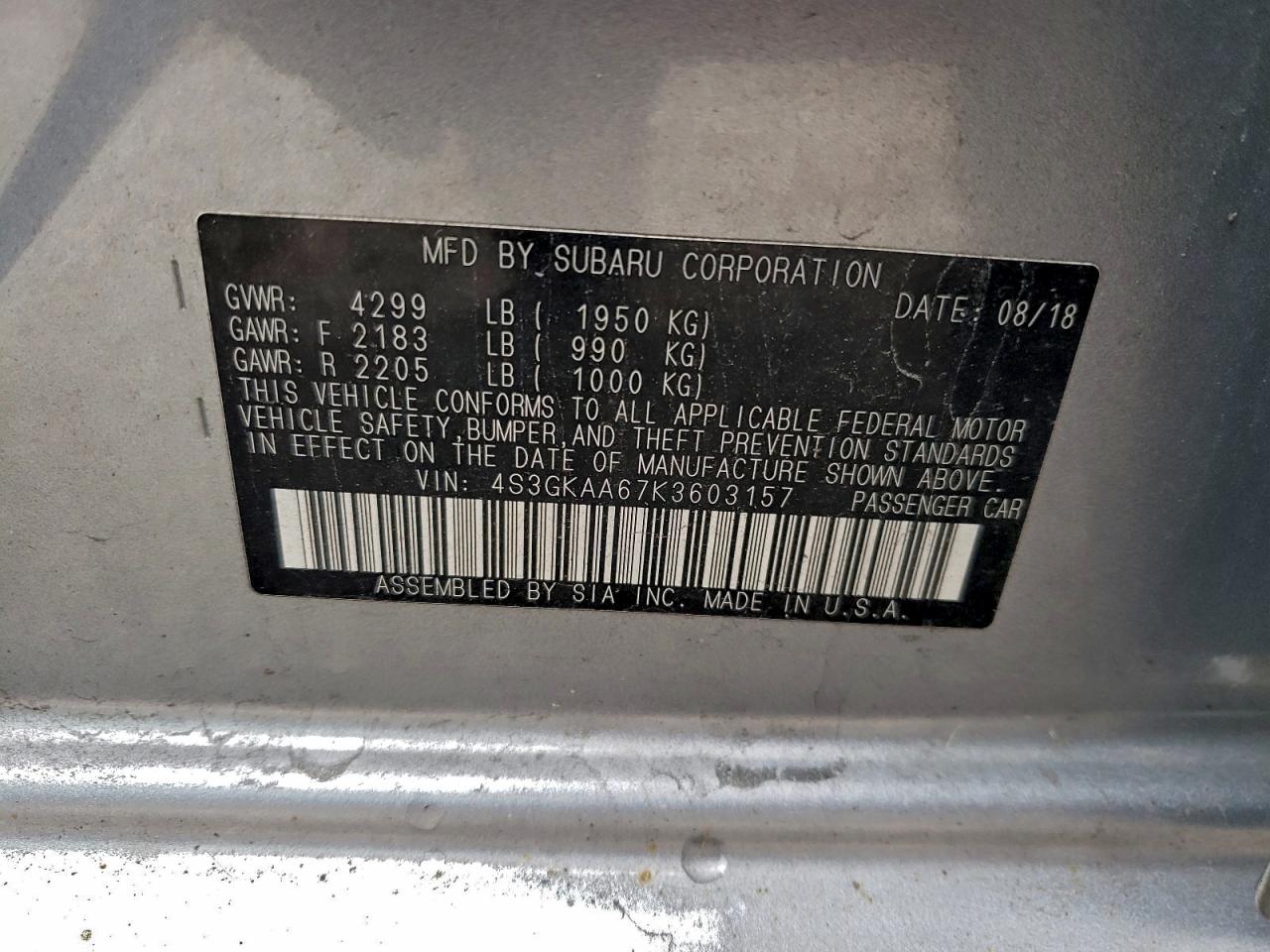 2019 Subaru Impreza VIN: 4S3GKAA67K3603157 Lot: 93207135