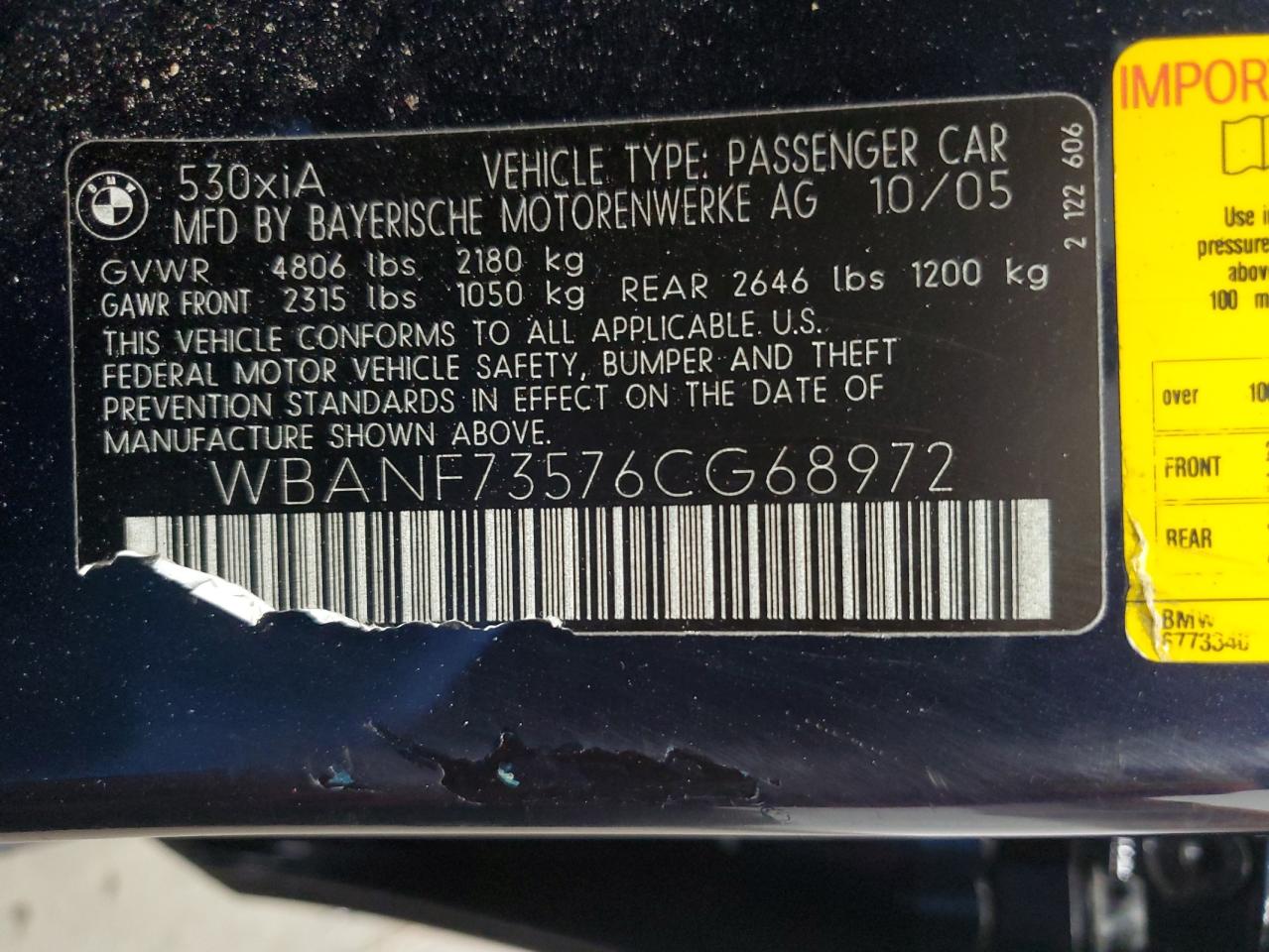2006 BMW 530 Xi VIN: WBANF73576CG68972 Lot: 92876715