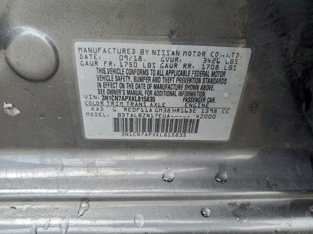 2019 Nissan Versa S VIN: 3N1CN7APXKL815835 Lot: 94540125