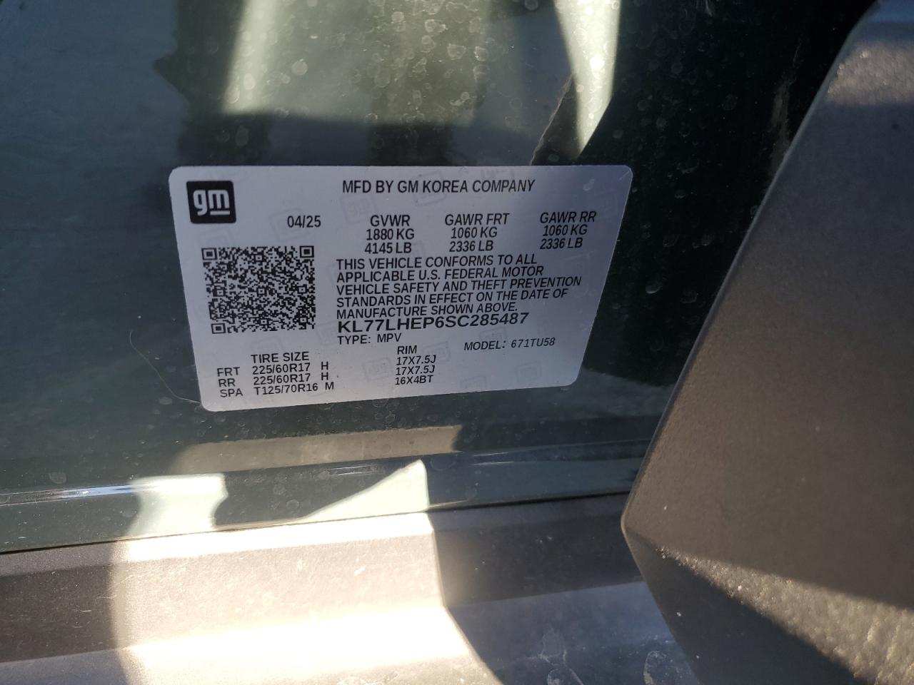 2025 Chevrolet Trax 1Lt VIN: KL77LHEP6SC285487 Lot: 91047135