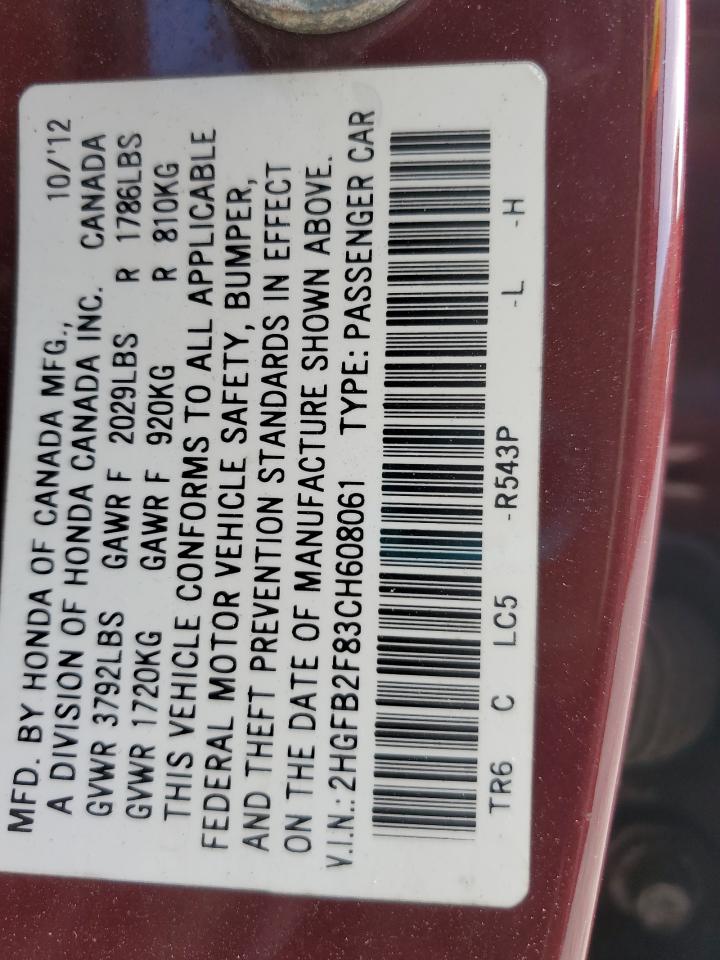 2012 Honda Civic Ex VIN: 2HGFB2F83CH608061 Lot: 92504295
