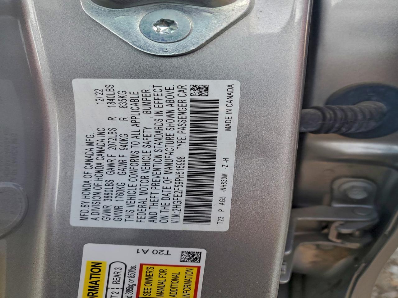 2023 Honda Civic Sport VIN: 2HGFE2F59PH515998 Lot: 94766605