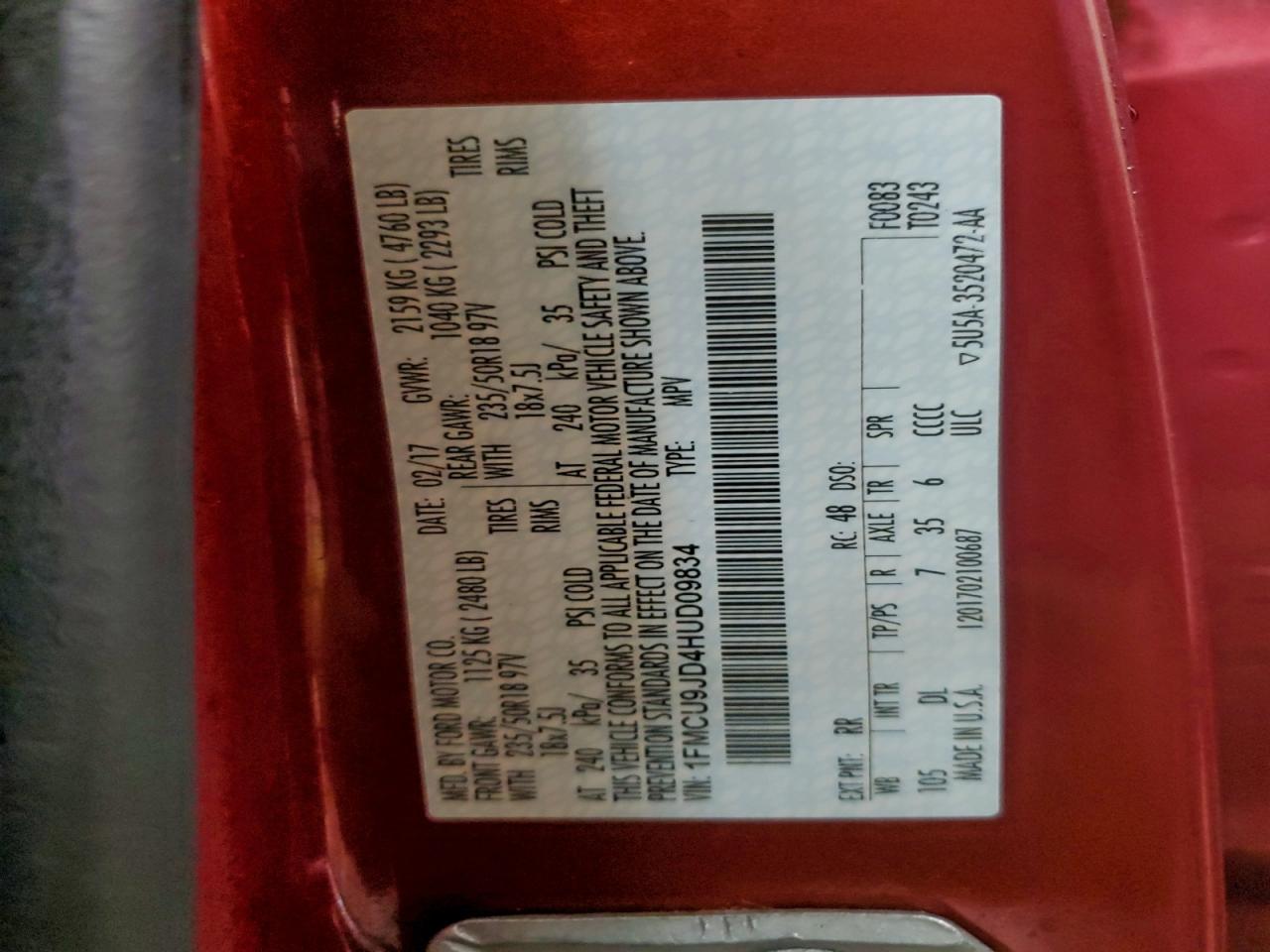 2017 Ford Escape Titanium VIN: 1FMCU9JD4HUD09834 Lot: 94437575