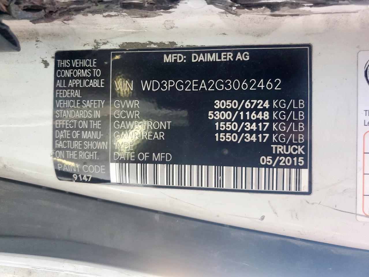 2016 Mercedes Benz Metris Utility / Service Van VIN: WD3PG2EA2G3062462 Lot: 93249525