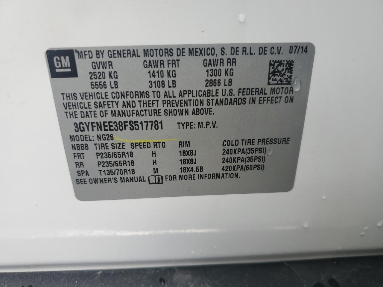 2015 Cadillac Srx Luxury Collection VIN: 3GYFNEE38FS517781 Lot: 90697485