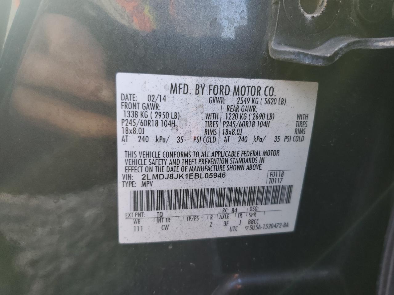 2014 Lincoln Mkx VIN: 2LMDJ8JK1EBL05946 Lot: 91025135