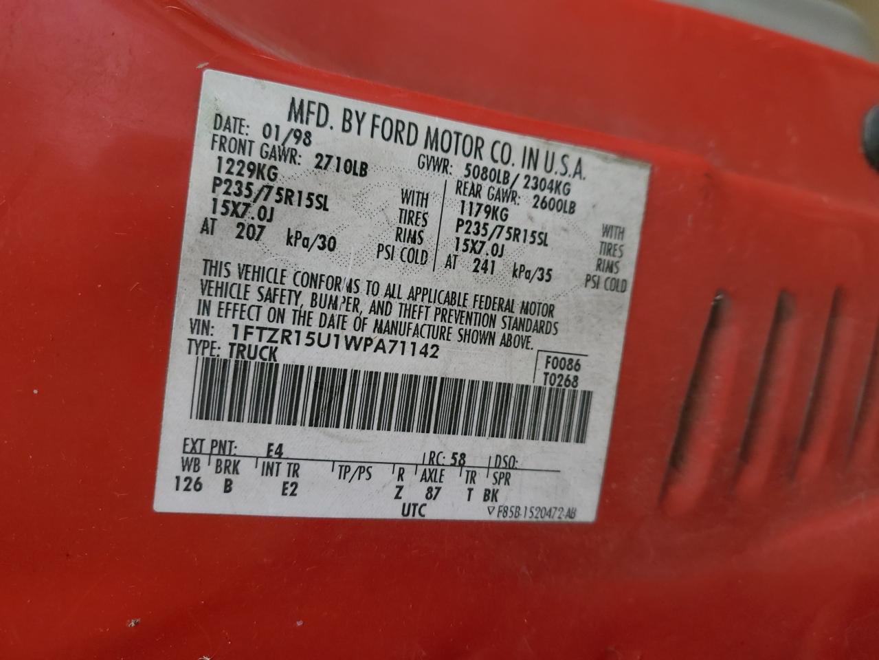 1998 Ford Ranger Super Cab VIN: 1FTZR15U1WPA71142 Lot: 85954515