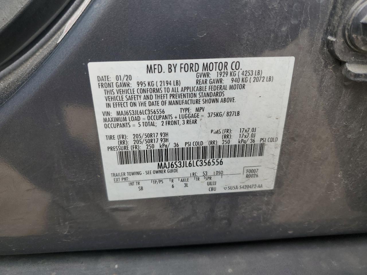 2020 Ford Ecosport Ses VIN: MAJ6S3JL6LC356556 Lot: 92183115