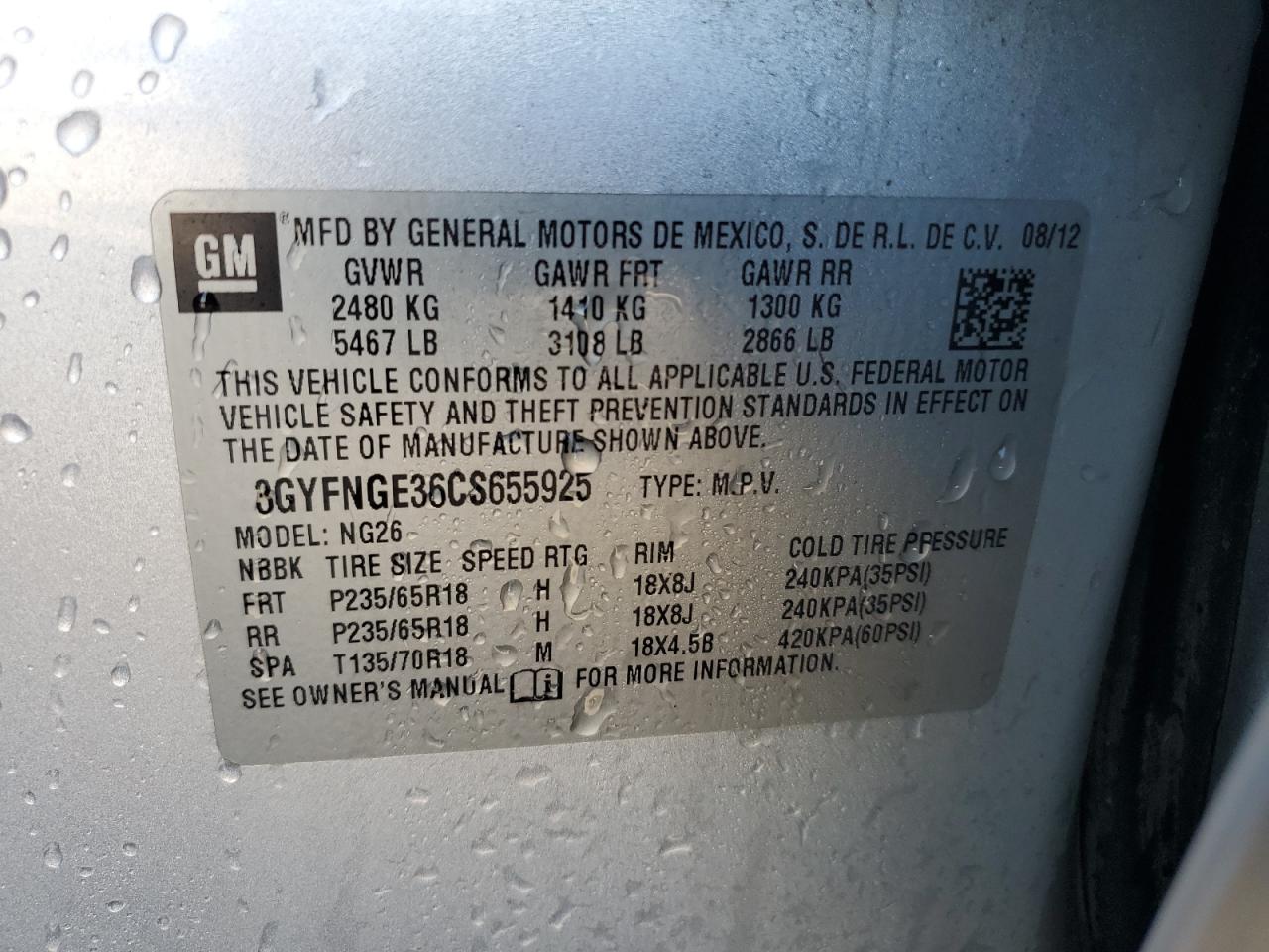 2012 Cadillac Srx VIN: 3GYFNGE36CS655925 Lot: 91384355