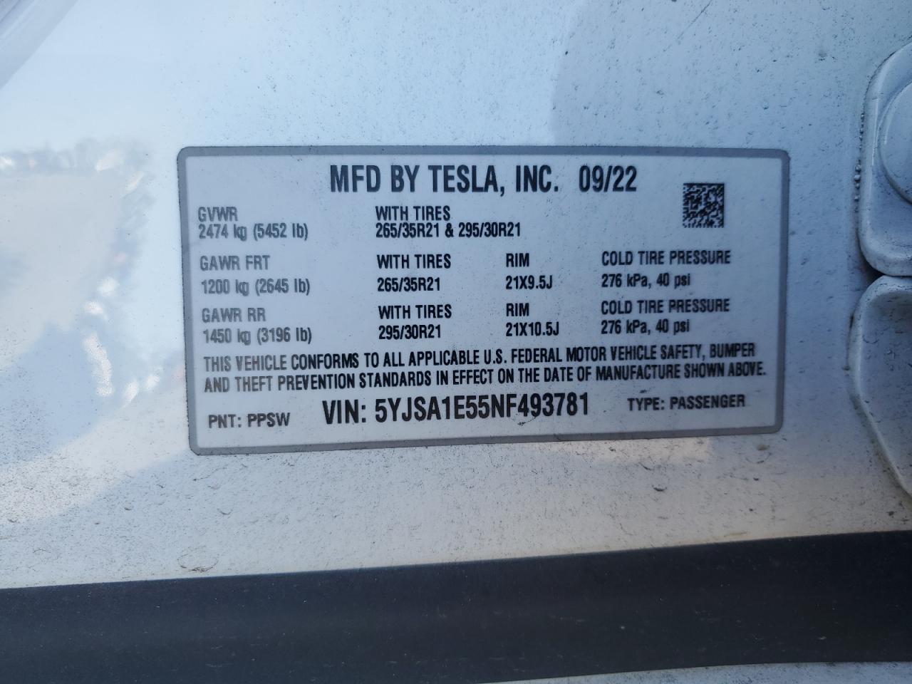 2022 Tesla Model S VIN: 5YJSA1E55NF493781 Lot: 90579395