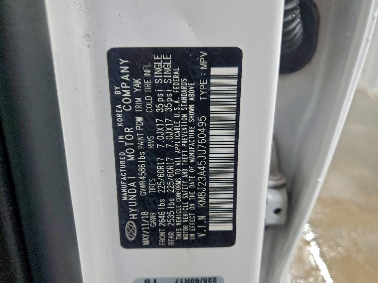 2018 Hyundai Tucson Se VIN: KM8J23A45JU760495 Lot: 94054145