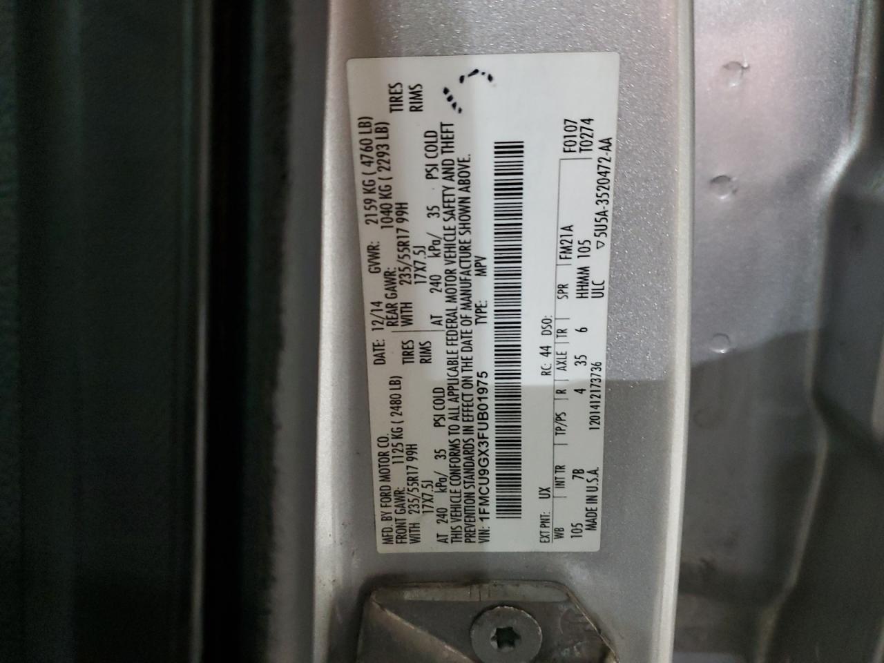 2015 Ford Escape Se VIN: 1FMCU9GX3FUB01975 Lot: 91606545