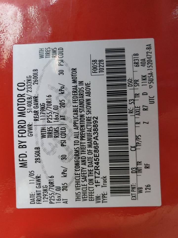 2006 Ford Ranger Super Cab VIN: 1FTZR45E86PA38892 Lot: 93609325