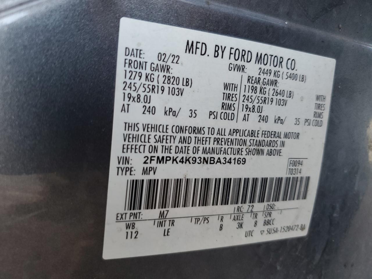 2022 Ford Edge Titanium VIN: 2FMPK4K93NBA34169 Lot: 91897435