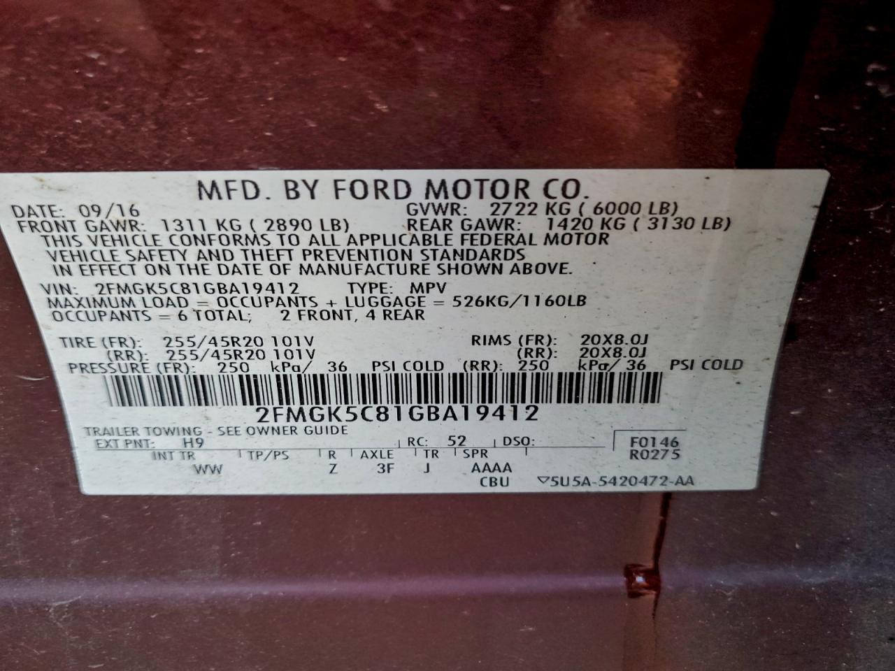 2016 Ford Flex Sel VIN: 2FMGK5C81GBA19412 Lot: 94368385