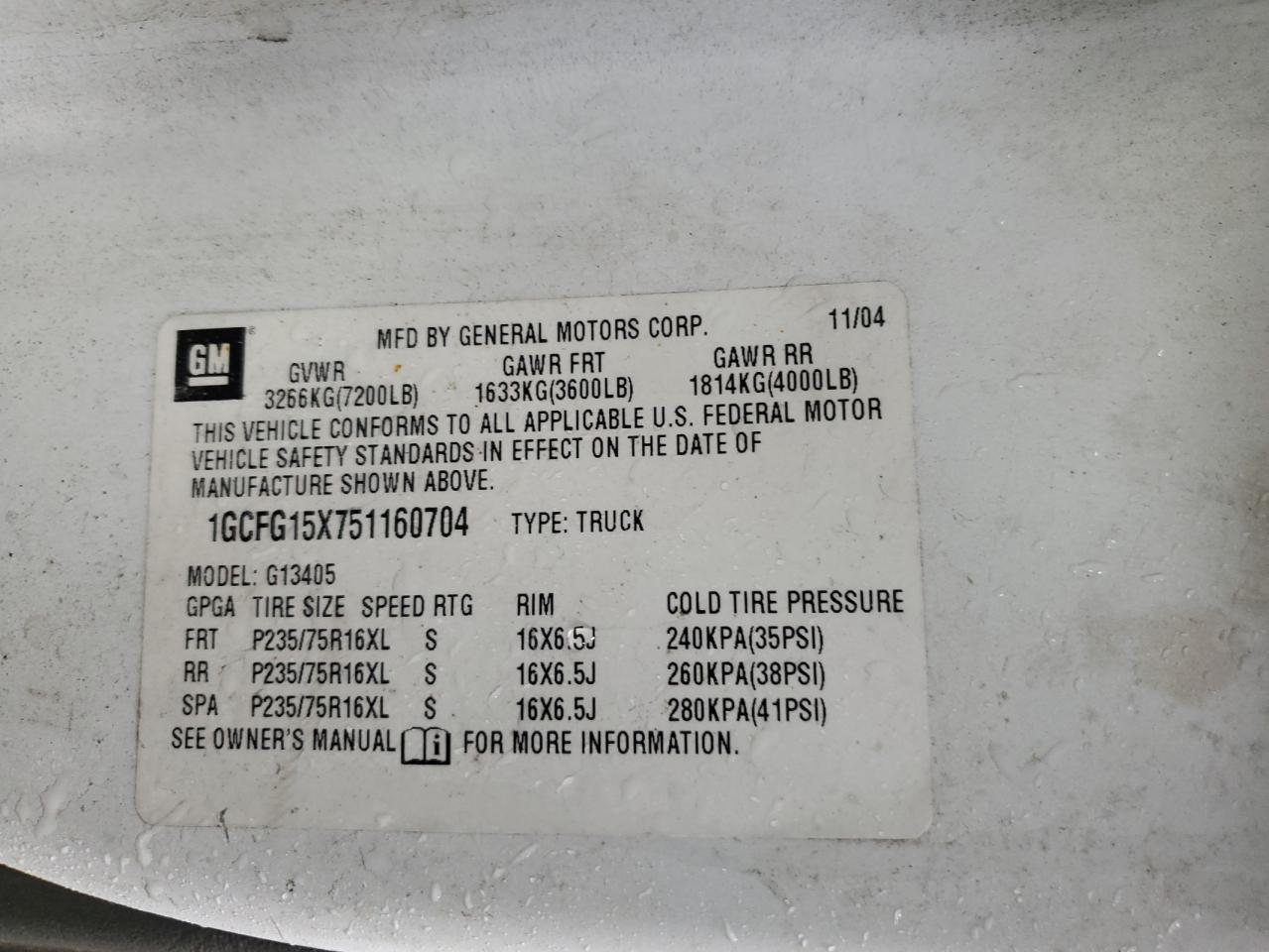 2005 Chevrolet Express G1500 VIN: 1GCFG15X751160704 Lot: 92397735