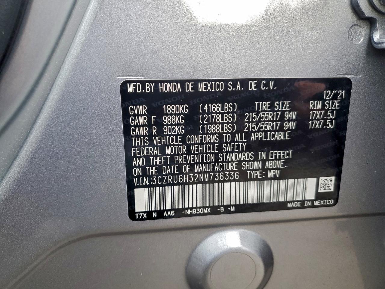 2022 Honda Hr-V Lx VIN: 3CZRU6H32NM736336 Lot: 94144835