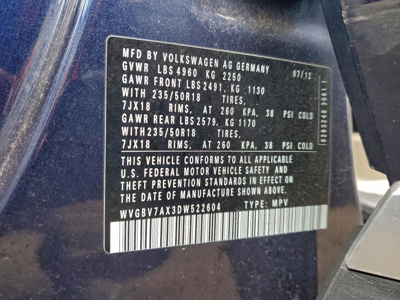 2013 Volkswagen Tiguan S VIN: WVGBV7AX3DW522604 Lot: 93489145