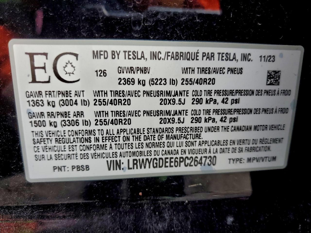 2023 Tesla Model Y VIN: LRWYGDEE6PC264730 Lot: 94545405