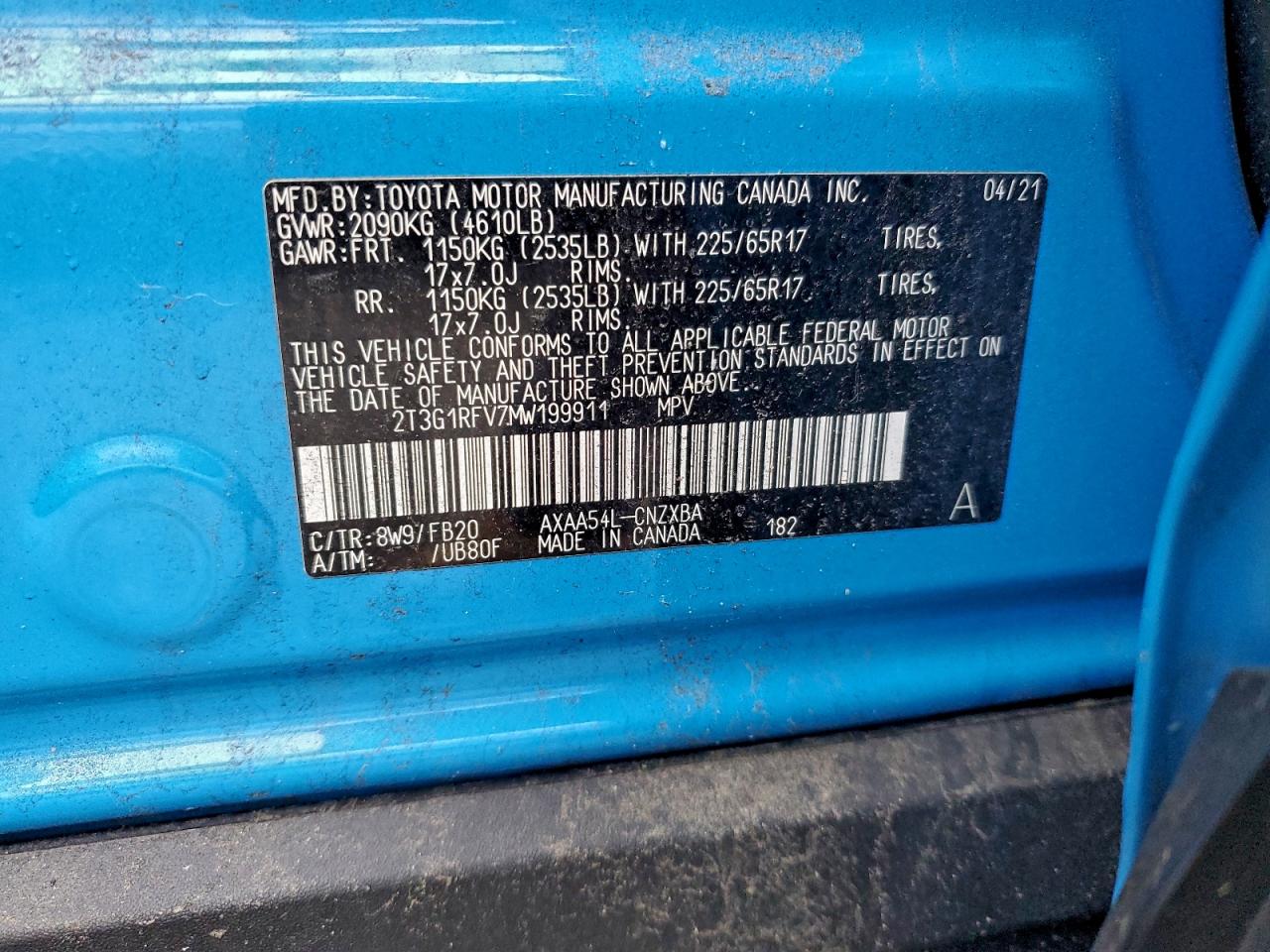 2021 Toyota Rav4 Le VIN: 2T3G1RFV7MW199911 Lot: 93900695