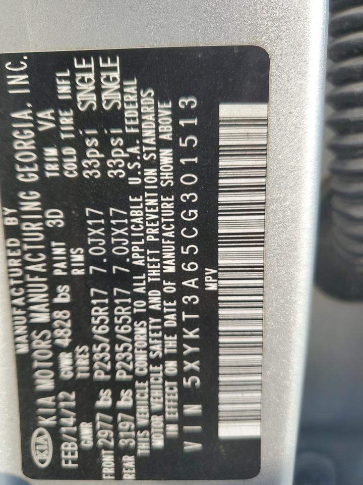 2012 Kia Sorento Base VIN: 5XYKT3A65CG301513 Lot: 92649025