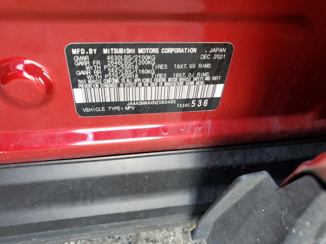 2022 Mitsubishi Eclipse Cross Se VIN: JA4ASWAAXNZ060485 Lot: 92415685