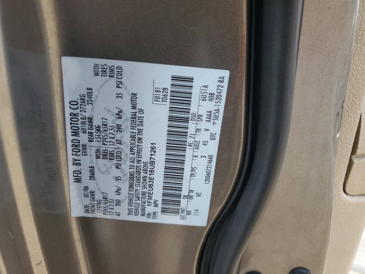 2007 Ford Explorer Xlt VIN: 1FMEU63E16UB71261 Lot: 91030105