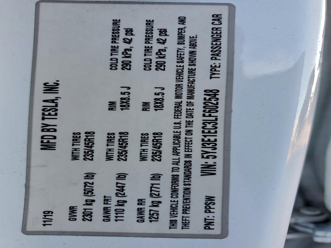 2020 Tesla Model 3 VIN: 5YJ3E1EC3LF602548 Lot: 93849765