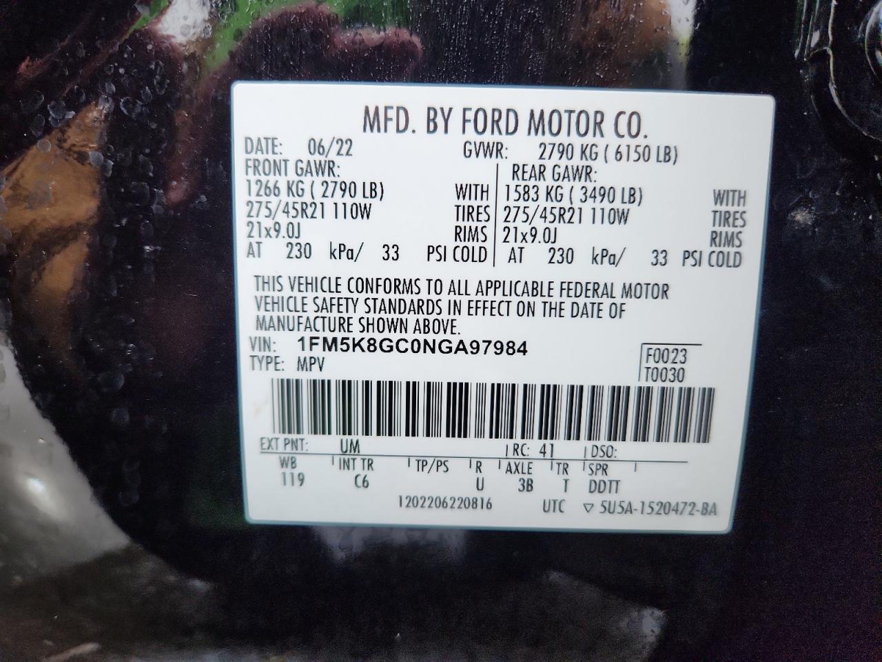 2022 Ford Explorer St VIN: 1FM5K8GC0NGA97984 Lot: 93145785