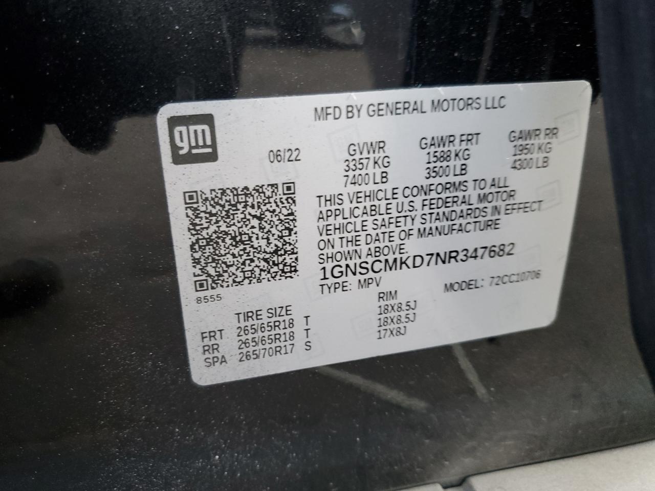 2022 Chevrolet Tahoe C1500 Ls VIN: 1GNSCMKD7NR347682 Lot: 92116055