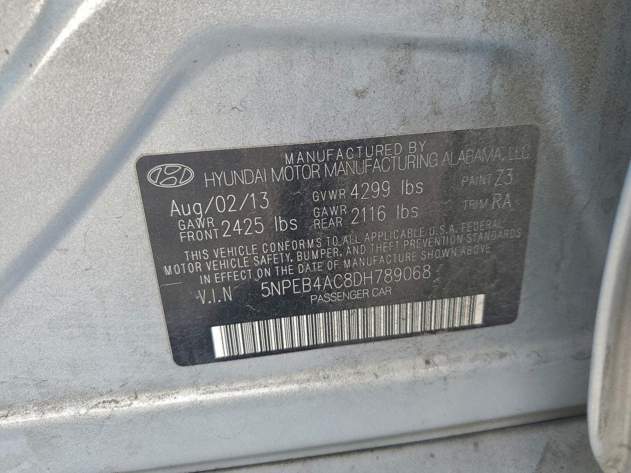 2013 Hyundai Sonata Gls VIN: 5NPEB4AC8DH789068 Lot: 93408535