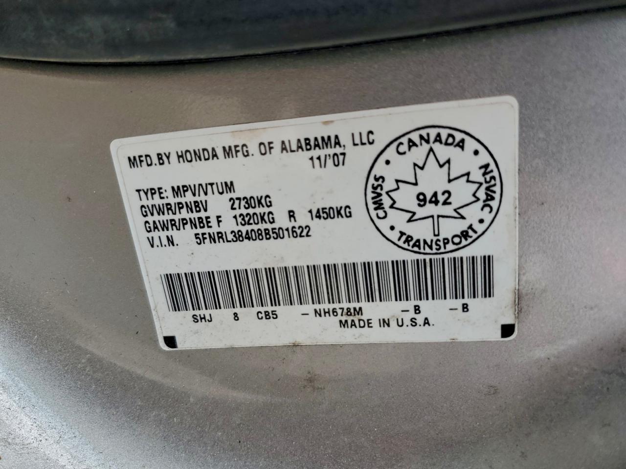 2008 Honda Odyssey Ex VIN: 5FNRL38408B501622 Lot: 94068565