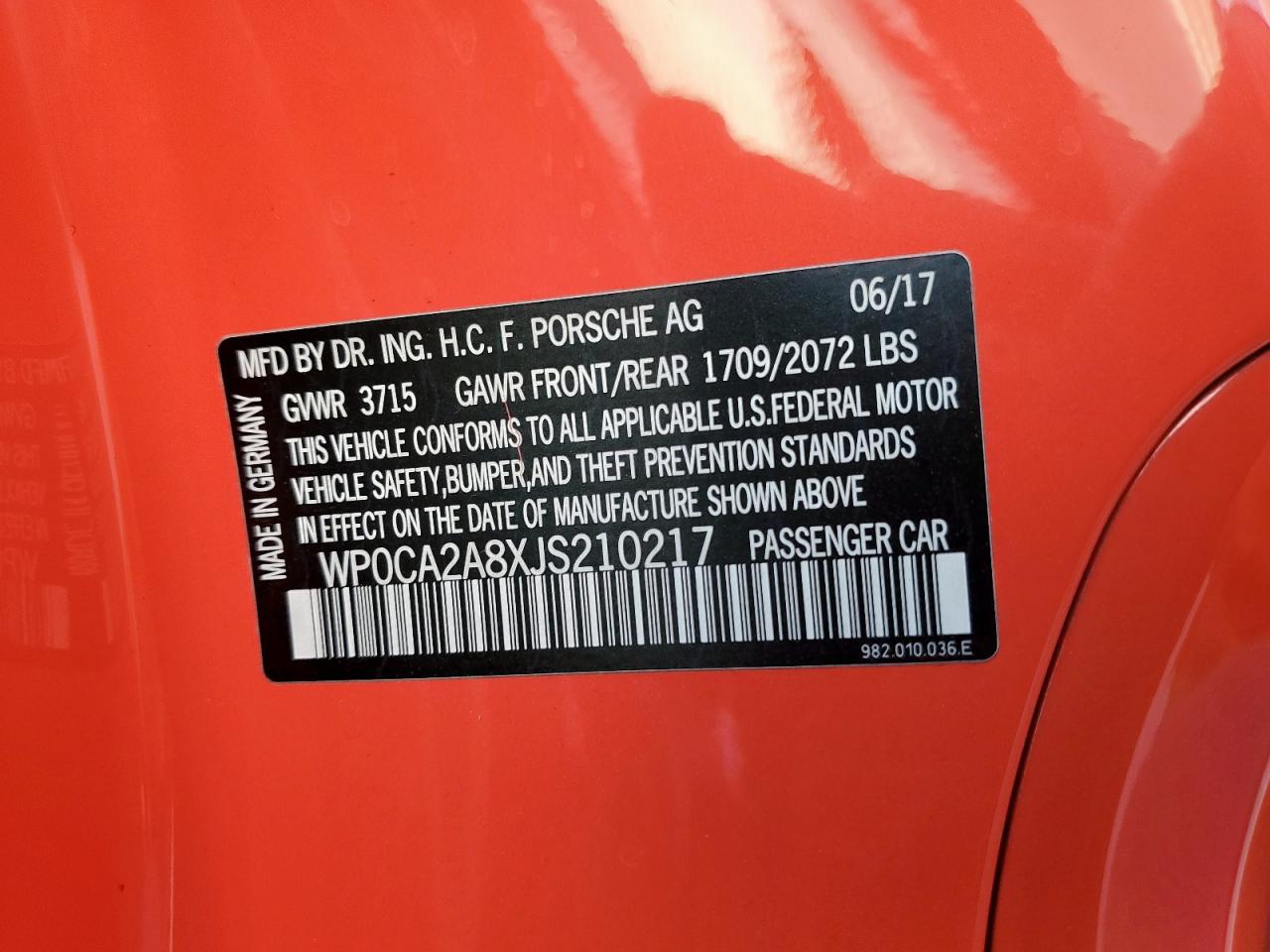 2018 Porsche Boxster VIN: WP0CA2A8XJS210217 Lot: 92883315