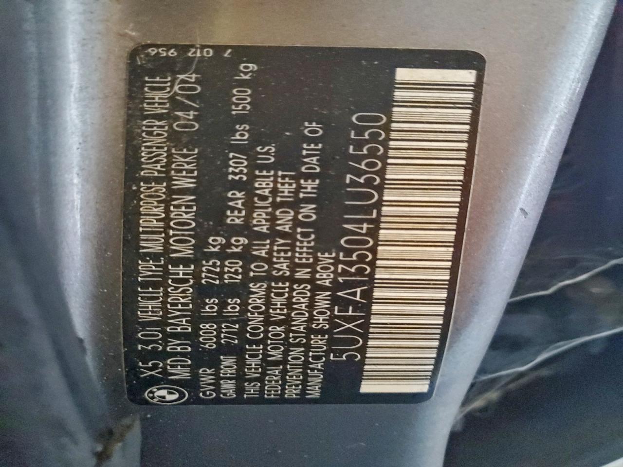 2004 BMW X5 3.0I VIN: 5UXFA13504LU36550 Lot: 93693895