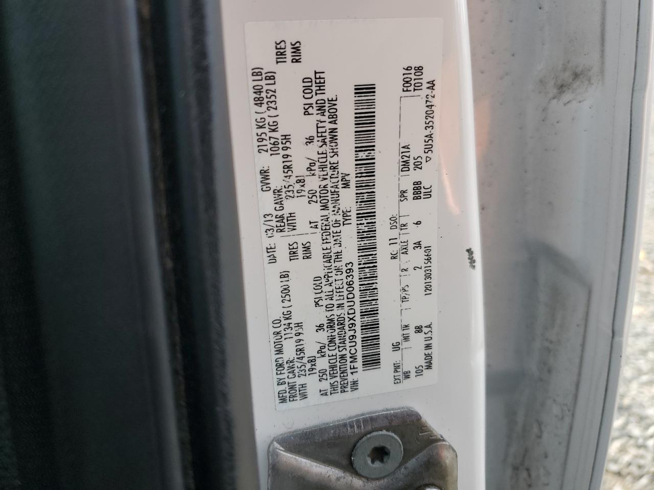 2013 Ford Escape Titanium VIN: 1FMCU9J9XDUD06393 Lot: 90918595