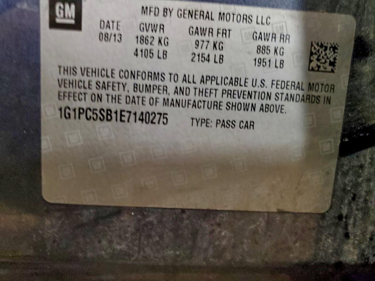 2014 Chevrolet Cruze Lt VIN: 1G1PC5SB1E7140275 Lot: 93733265