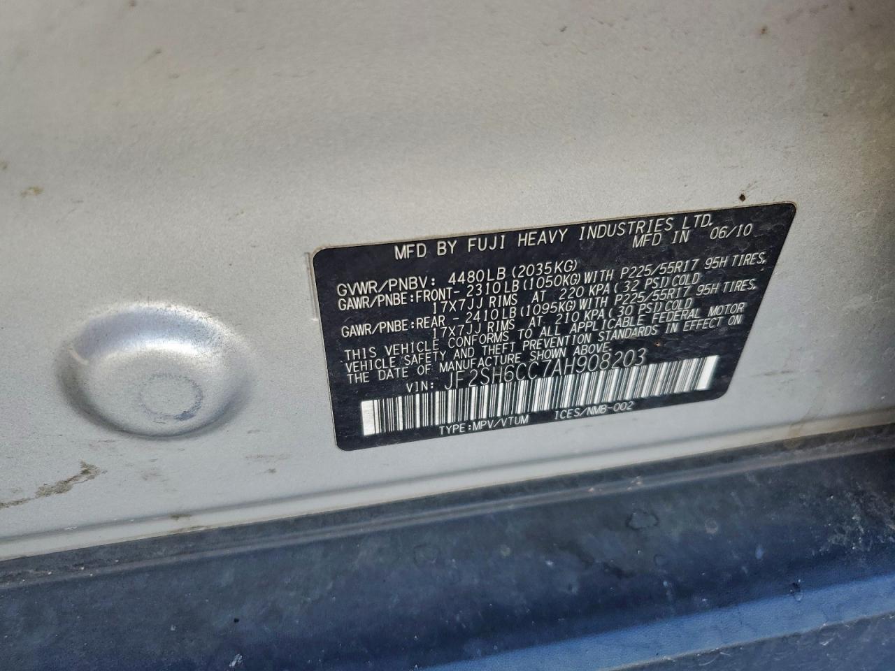 2010 Subaru Forester 2.5X Premium VIN: JF2SH6CC7AH908203 Lot: 94597215