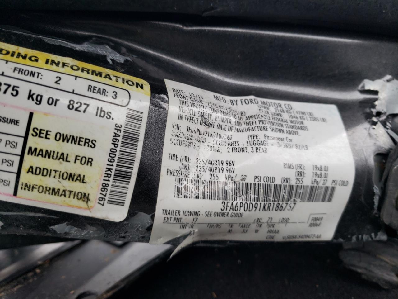 2019 Ford Fusion Titanium VIN: 3FA6P0D91KR186767 Lot: 92086725