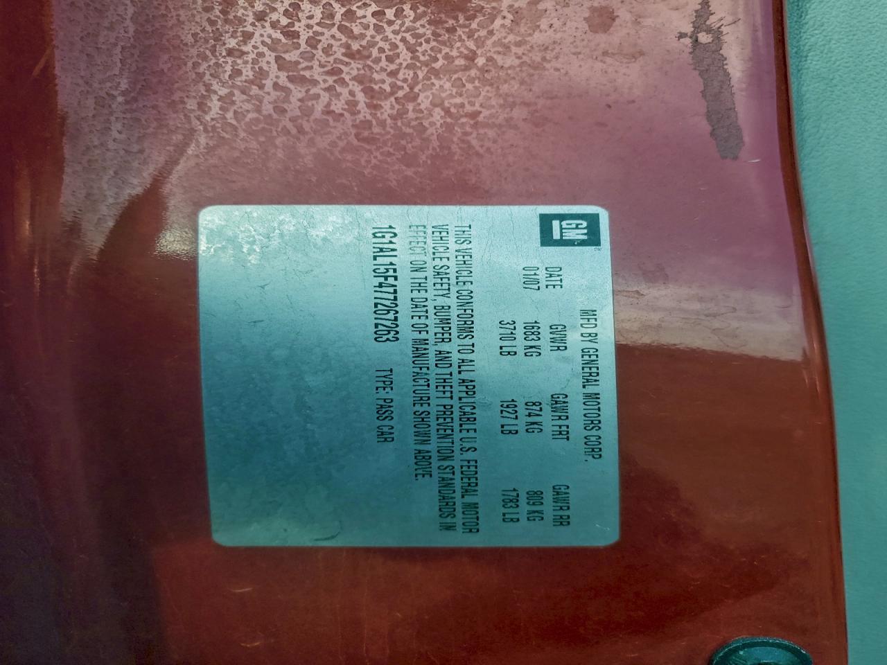 2007 Chevrolet Cobalt Lt VIN: 1G1AL15F477267263 Lot: 94304215