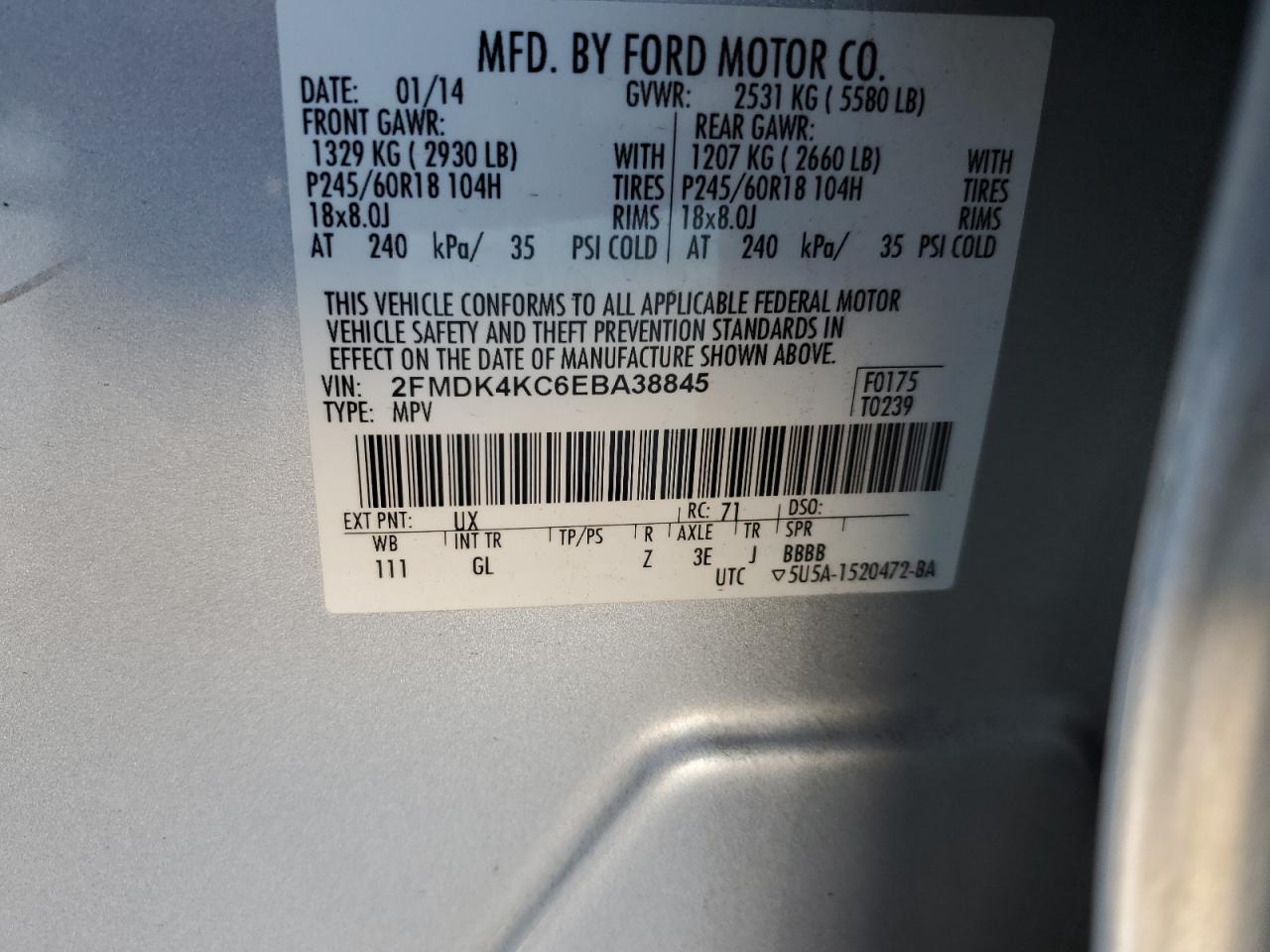 2014 Ford Edge Limited VIN: 2FMDK4KC6EBA38845 Lot: 92967175