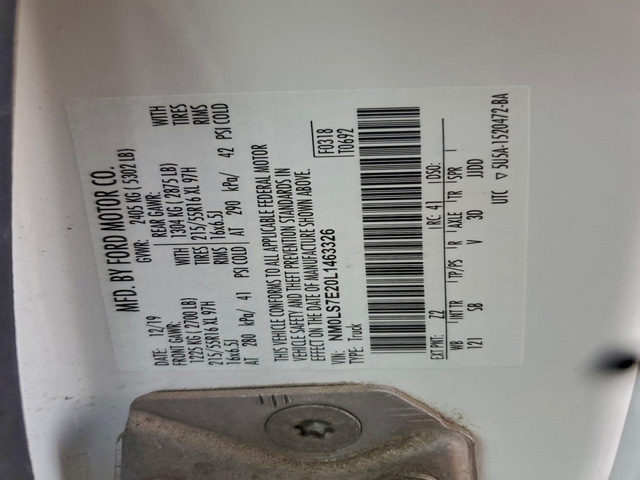 2020 Ford Transit Connect Xl VIN: NM0LS7E20L1463326 Lot: 93016205