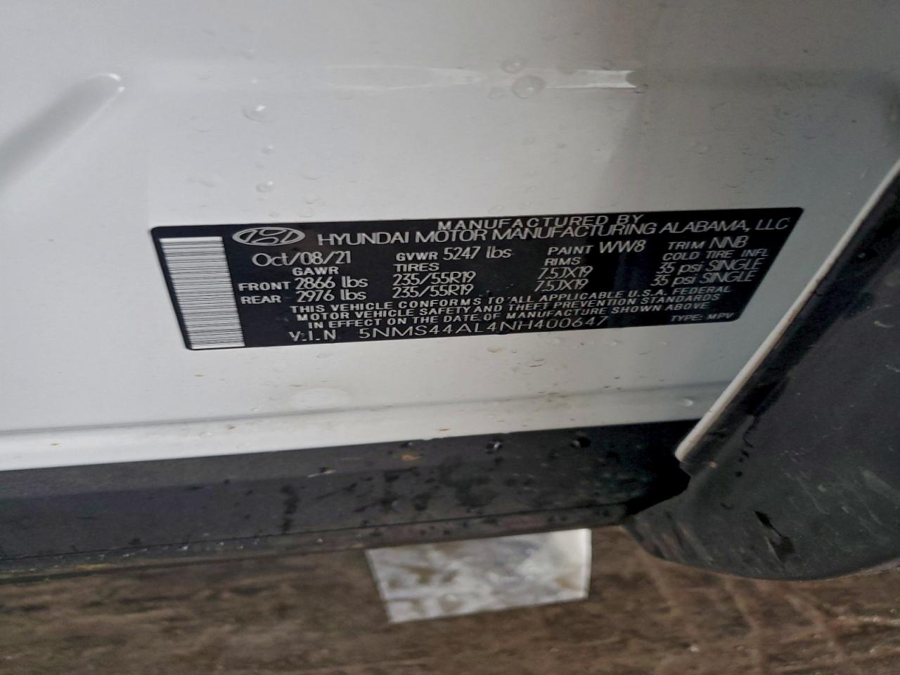 2022 Hyundai Santa Fe Limited VIN: 5NMS44AL4NH400647 Lot: 94289255