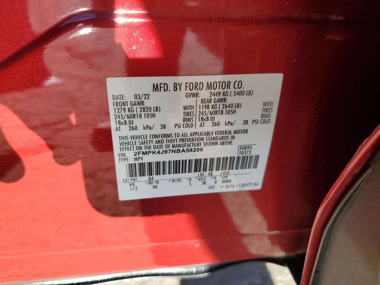 2022 Ford Edge Sel VIN: 2FMPK4J97NBA59206 Lot: 91451045