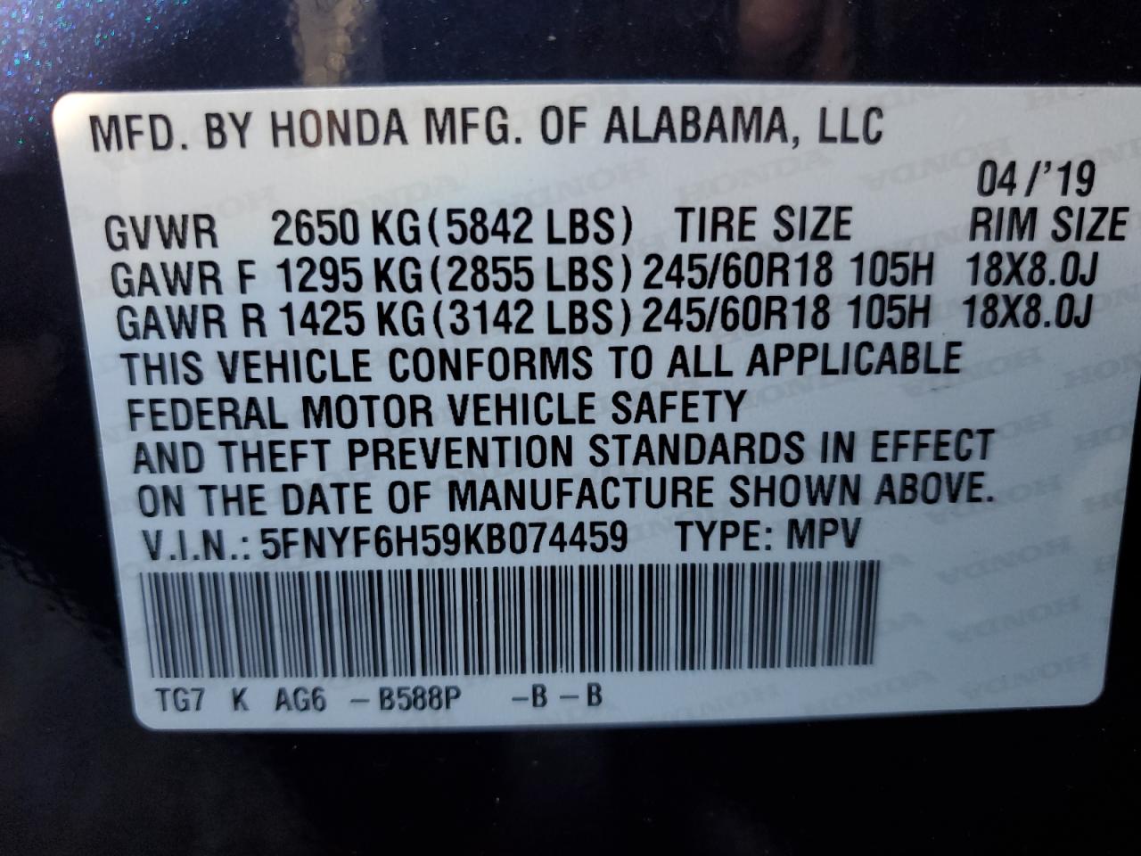 2019 Honda Pilot Exl VIN: 5FNYF6H59KB074459 Lot: 89933415