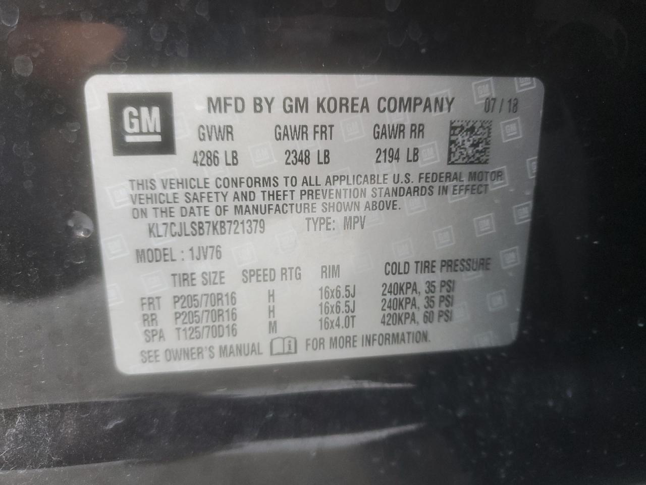 2019 Chevrolet Trax 1Lt VIN: KL7CJLSB7KB721379 Lot: 92767945