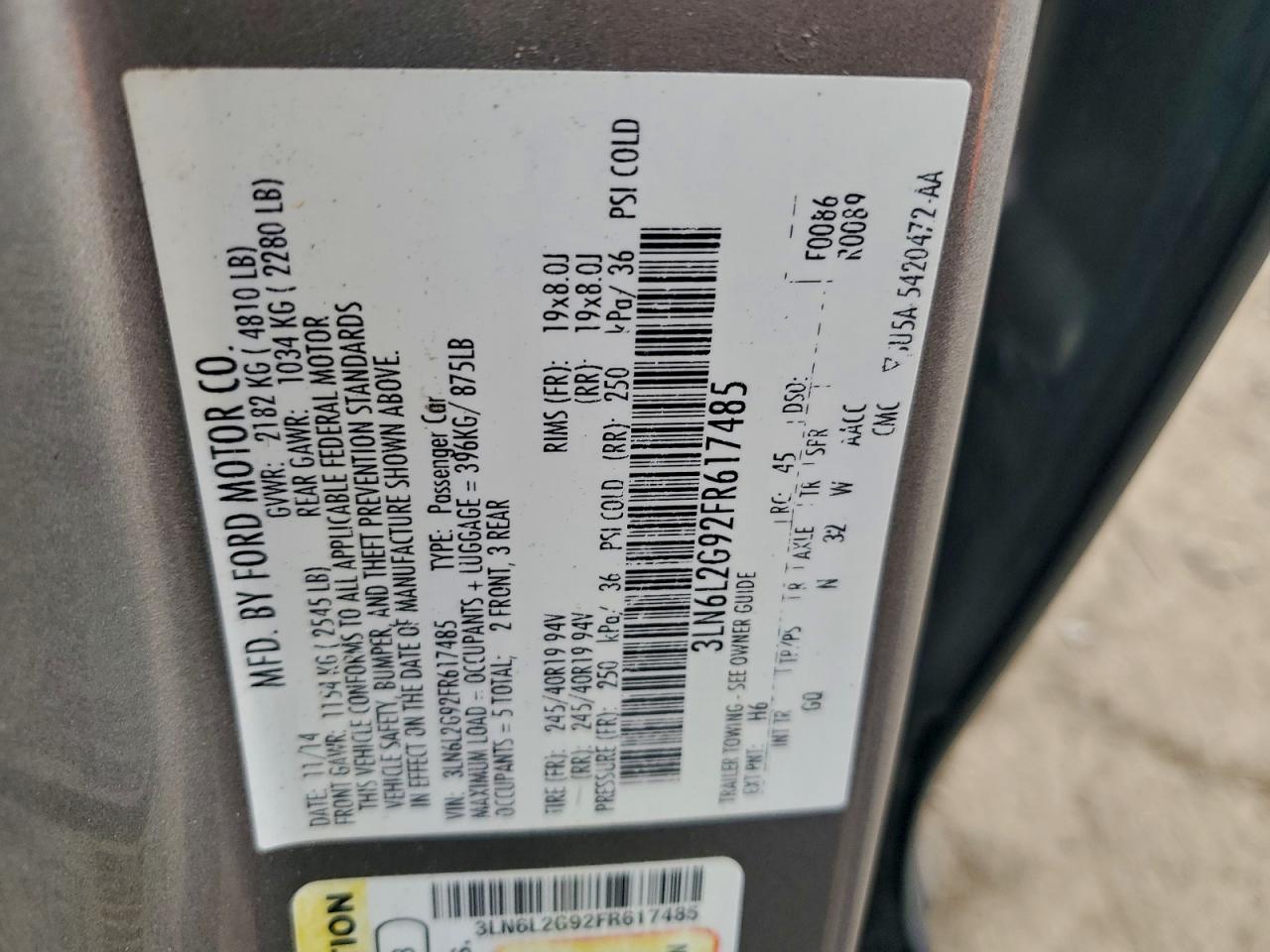 2015 Lincoln Mkz VIN: 3LN6L2G92FR617485 Lot: 93844485