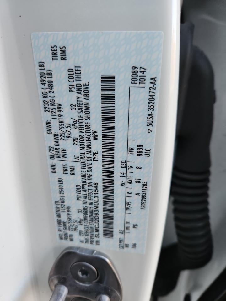 2022 Lincoln Corsair Reserve VIN: 5LMCJ2D93NUL31548 Lot: 92780805