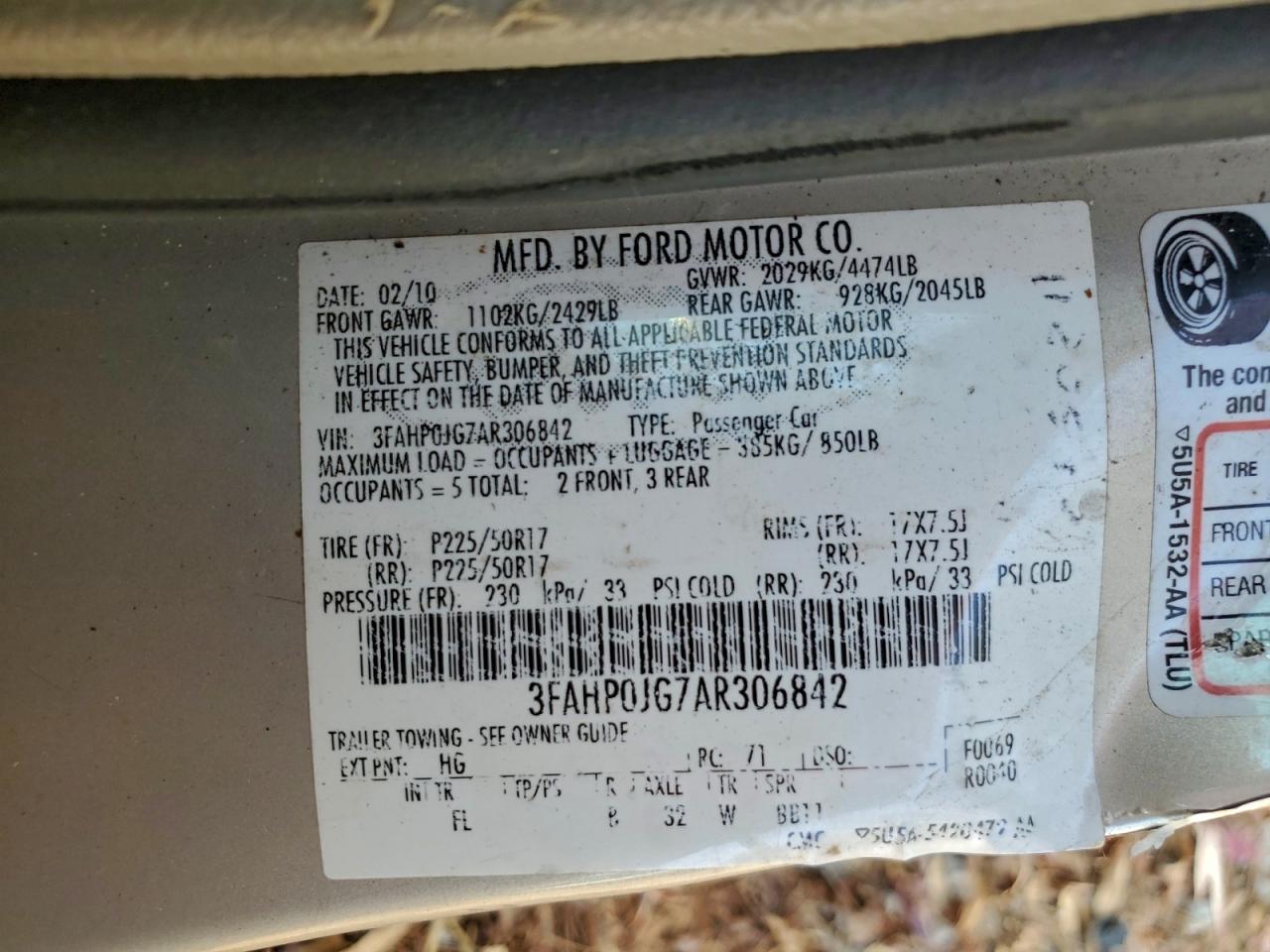 2010 Ford Fusion Sel VIN: 3FAHP0JG7AR306842 Lot: 93842255